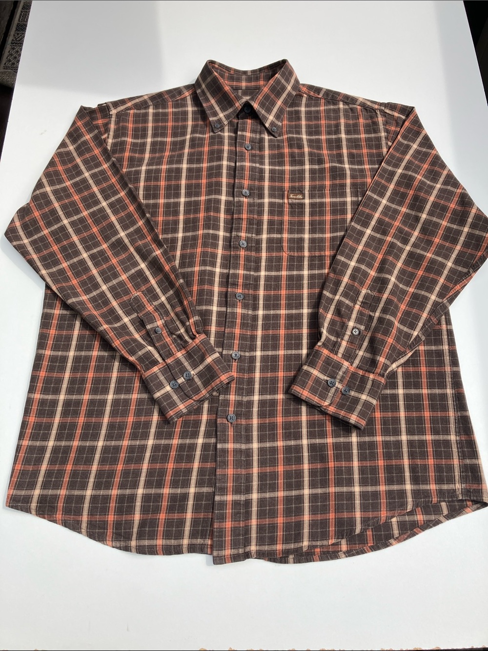 Tasso Elba Men’s Plaid Flannel Shirt Brown Orange Button‑Down